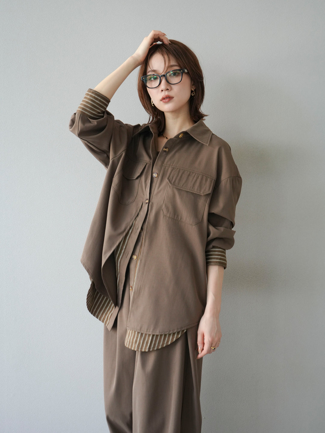 [予約]ストライプレイヤードシャツ/ブラウン