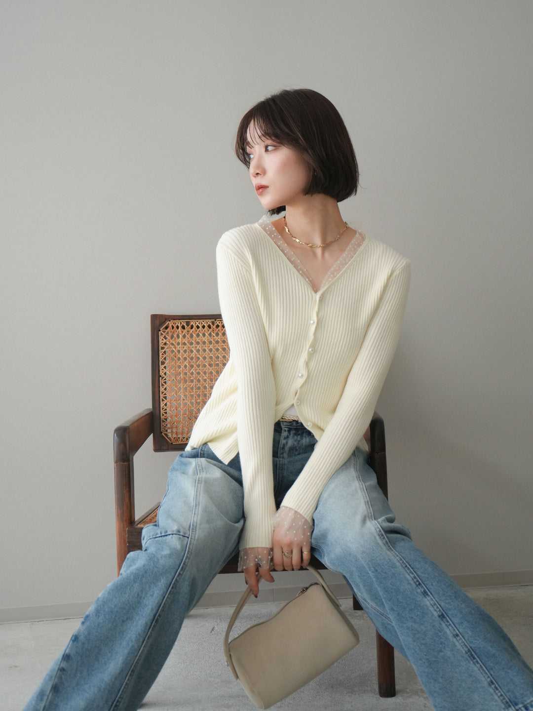 [SET]チュールドッキングパールボタンニットカーディガン+選べるアクセセット(2set)