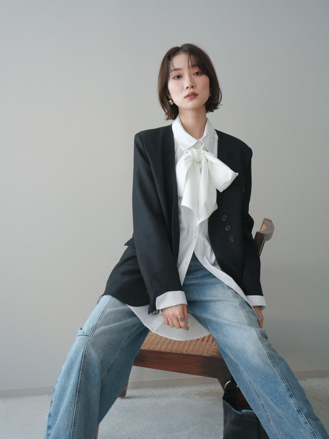 [SET]ノーカラージャケット+ボウタイ付オーバーシャツ(2set)