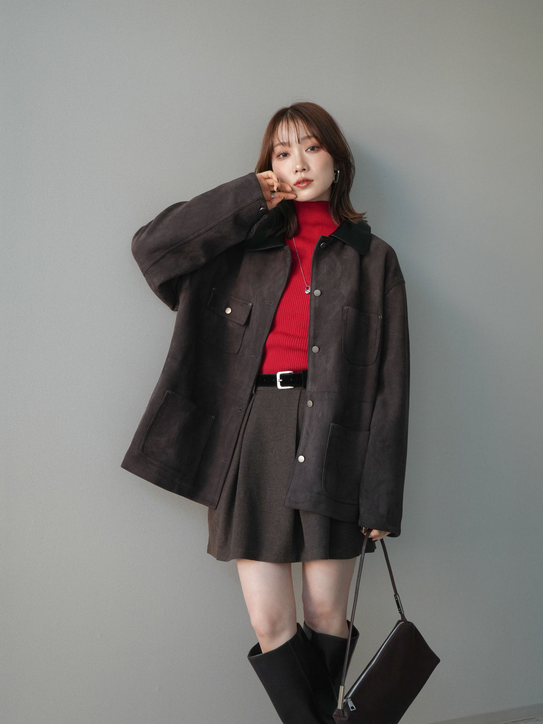 [SET]襟レザーステンカラースエードジャケット+袖ボタンボトルネックリブニットトップス(2set)