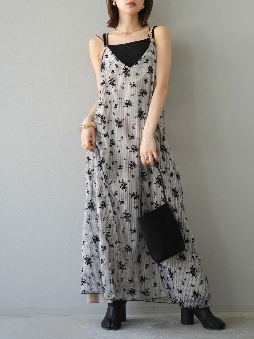 [SET]フロッキーチュールレイヤードベロアキャミワンピース+カップ付きバッククロスキャミソール(2set)