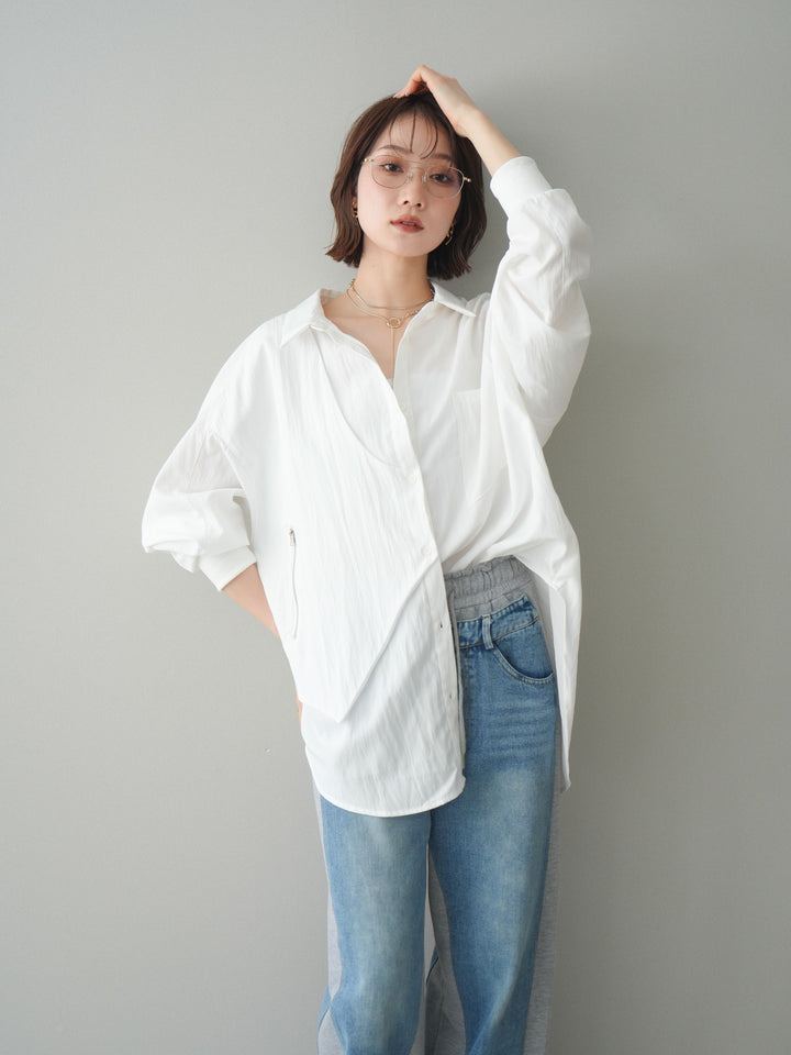 [予約]リブカフスアシンメトリーZIPデザインオーバーシャツ/offwhite