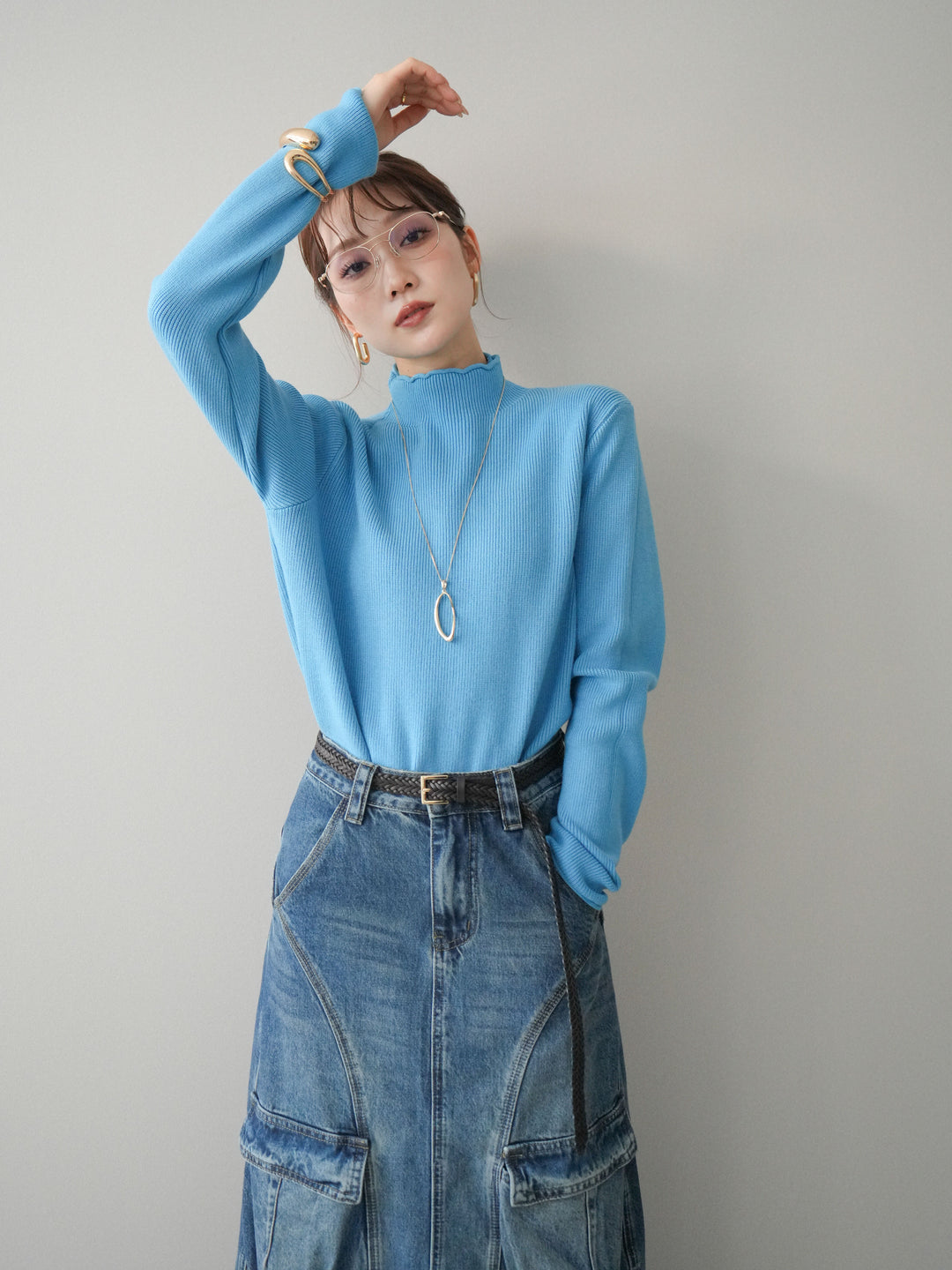 [予約]ボトルネック裾カールリブニットトップス/blue