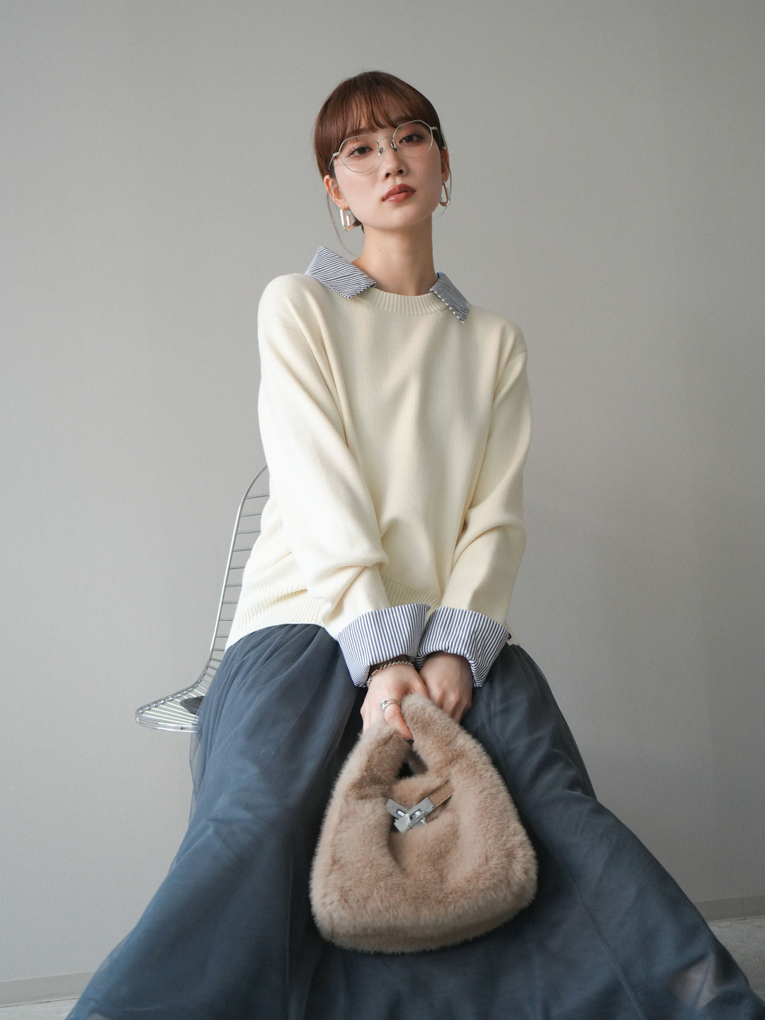 [予約]シャツドッキングデザイン裾ボタンニットプルオーバー/beige