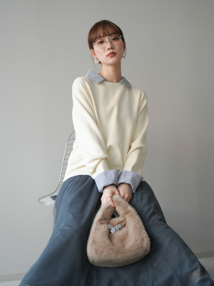 [予約]シャツドッキングデザイン裾ボタンニットプルオーバー/beige