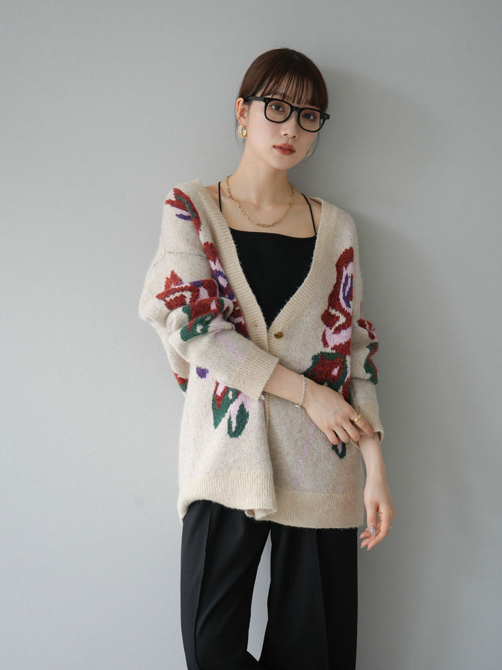 [予約]フラワー柄ゴールドボタンVネックニットカーディガン/アイボリー