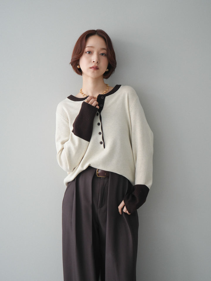 [SET]ヘンリーネック配色ニットソー+ベルトループデザインワイドパンツ(2set)