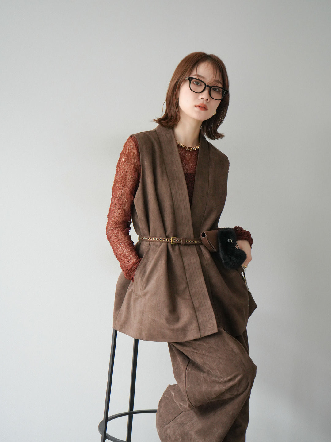 [SET]ポーチベルト付スウェードジレ×パンツSET UP(2set)