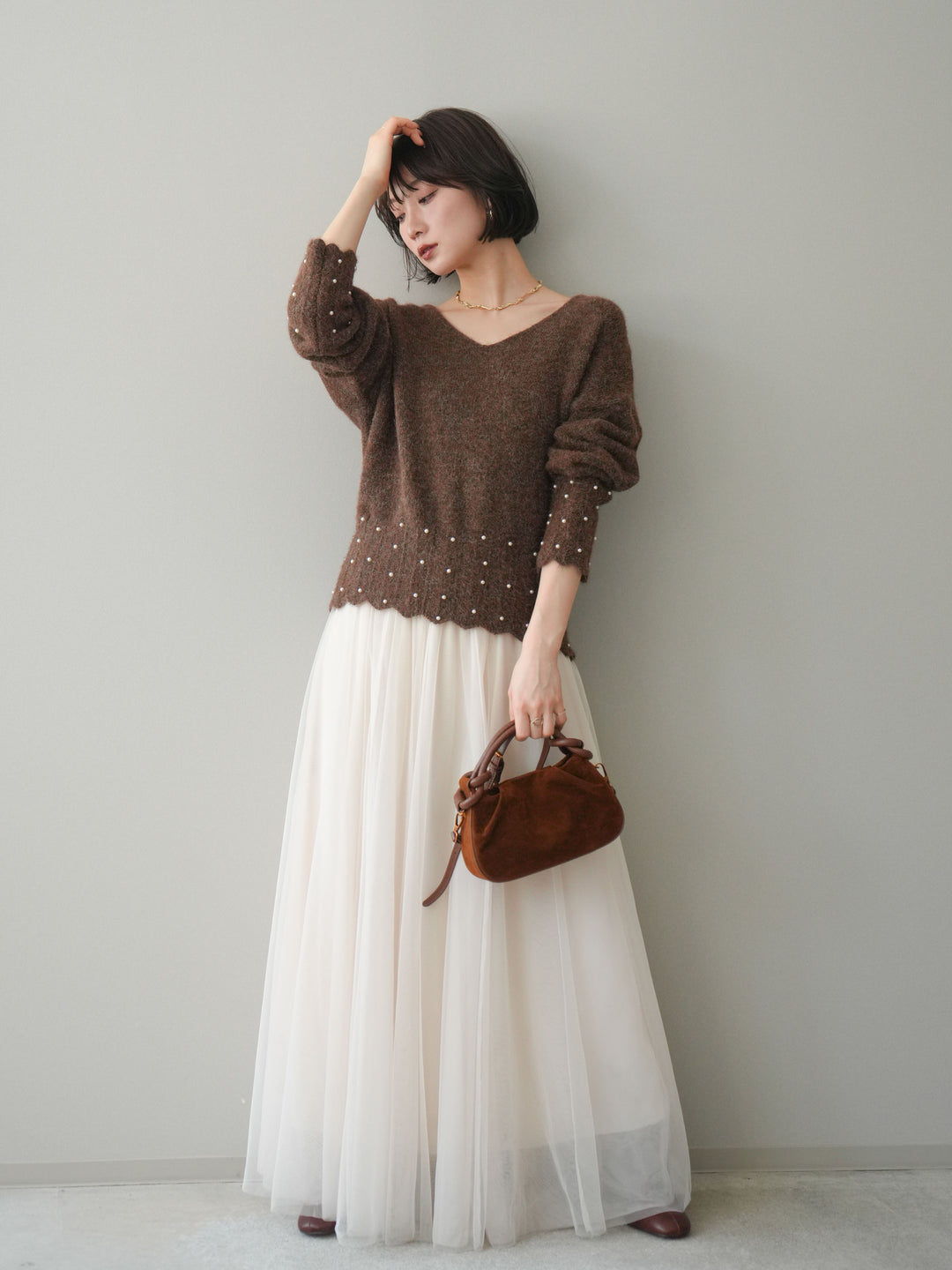 [SET]パールフリルリブヘムニットプルオーバー+チュールボリュームスカート(2set)