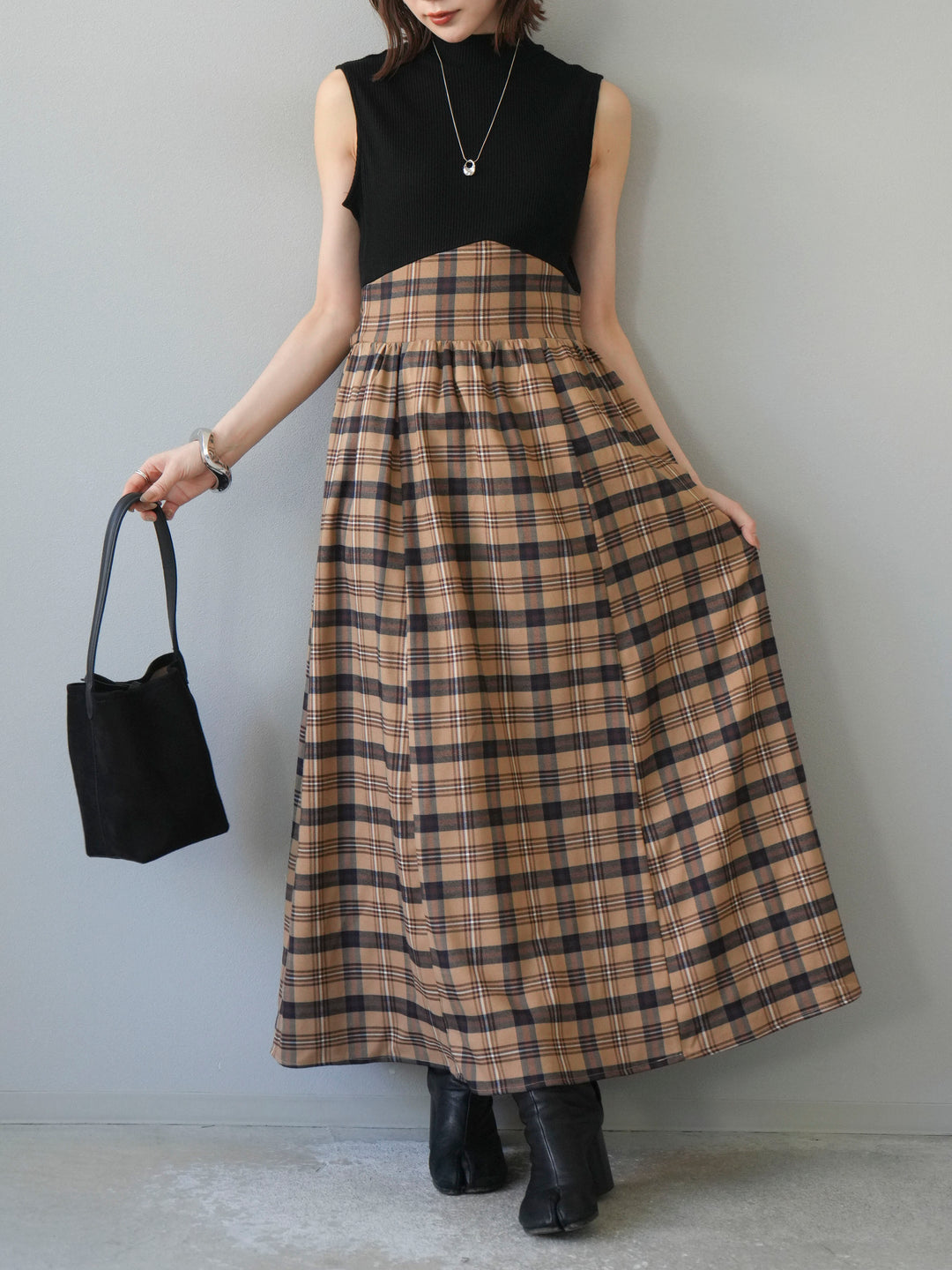 [予約]テレコ×チェックドッキングノースリワンピース/ブラック×ベージュ