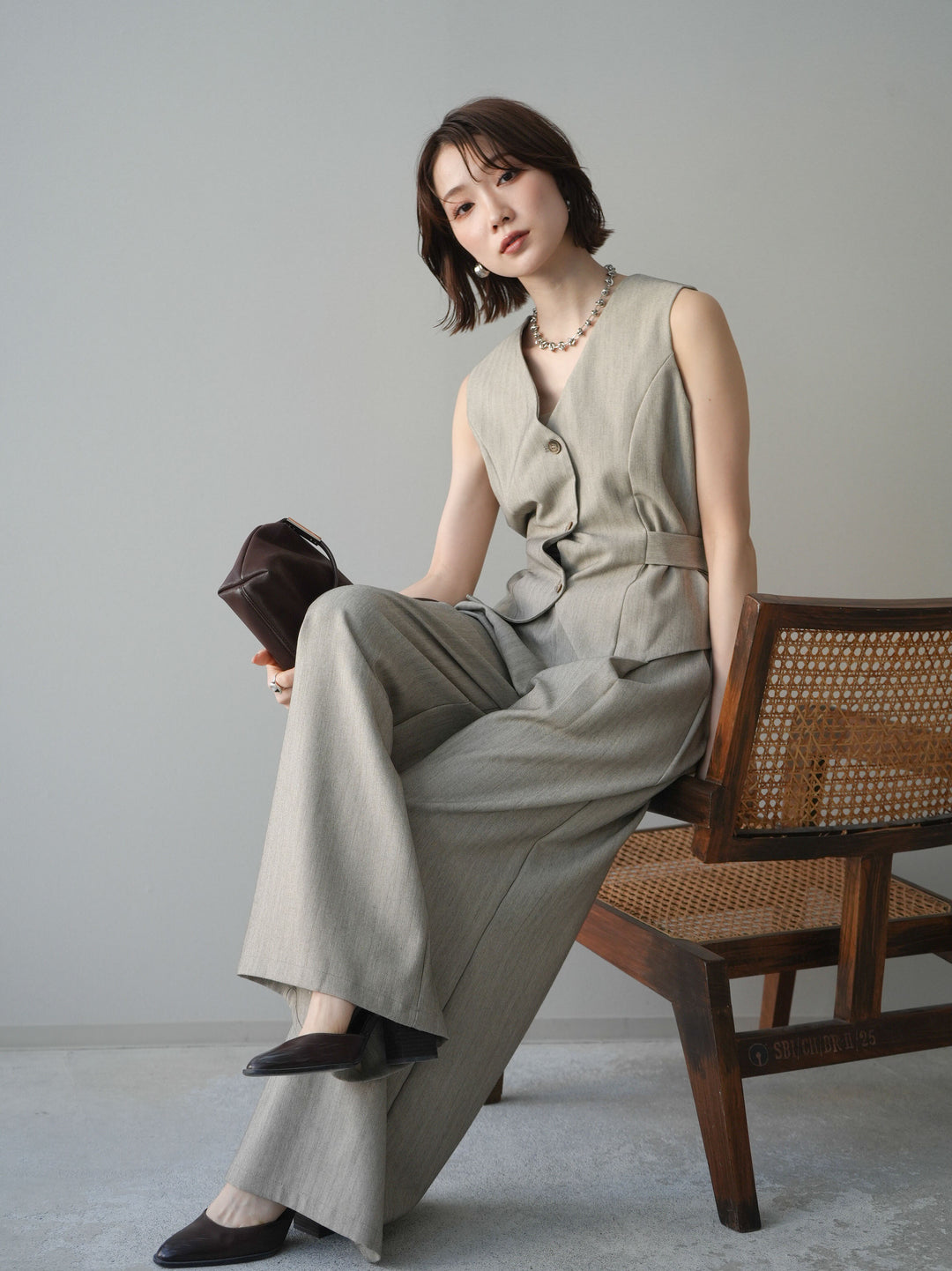 [予約]サイド切替ヘリンボーンベスト/beige