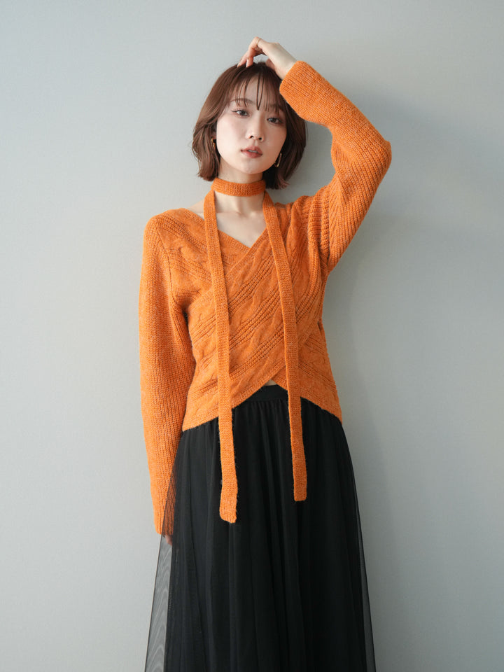 [予約]ケーブル編みクロスニットトップス/orange