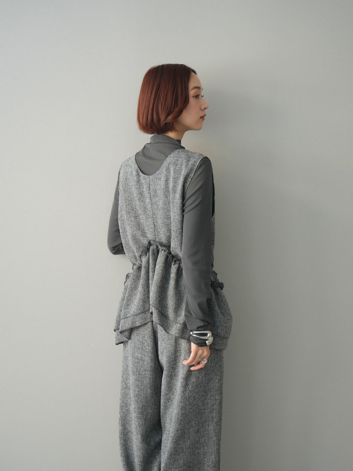 [SET]3WAYミックスツイードギャザーオールインワン+シアープチネックストレッチトップス(2set)