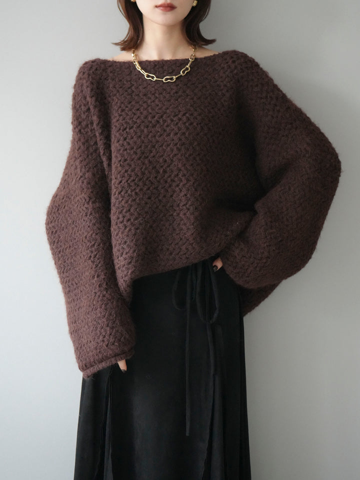 [予約]ワッフル編みオーバーニットプルオーバー/brown