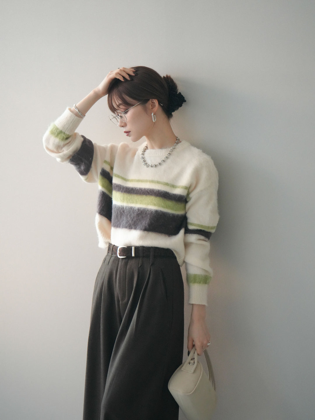 [予約]ソフトタッチボーダークロップドニットプルオーバー/ivory