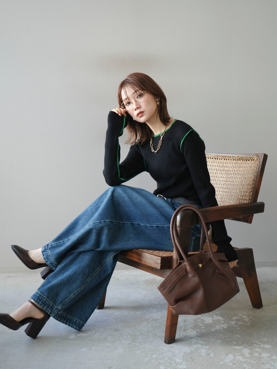 [予約]バイカラークルーネックリブニットトップス/black