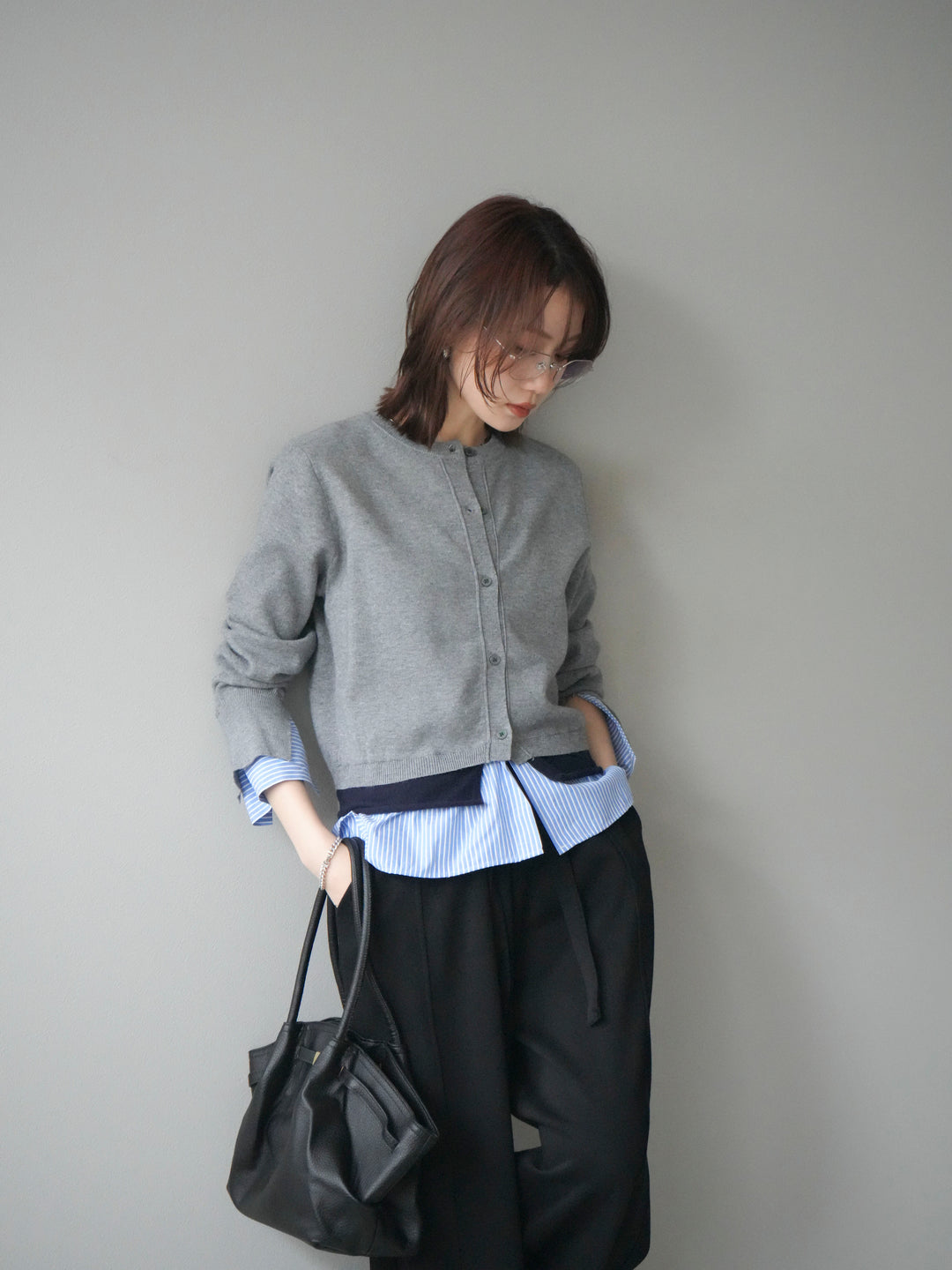 [SET]シャツ襟レイヤードニットカーディガン+ベルト付スウェットワイドパンツ(2set)