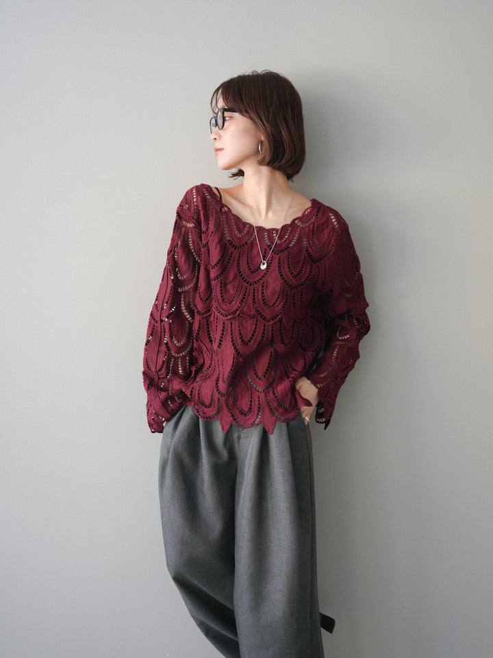 [予約]透かしコードレースブラウス/bordeaux