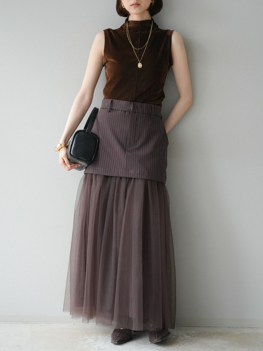 [予約]シアーベロアプチネックノースリーブトップス/ブラウン