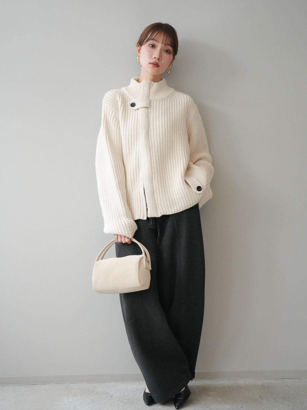 [SET]畦編みボトルネックZIPニットカーディガン+ベルト付裏起毛センターシームカーブパンツ(2set)
