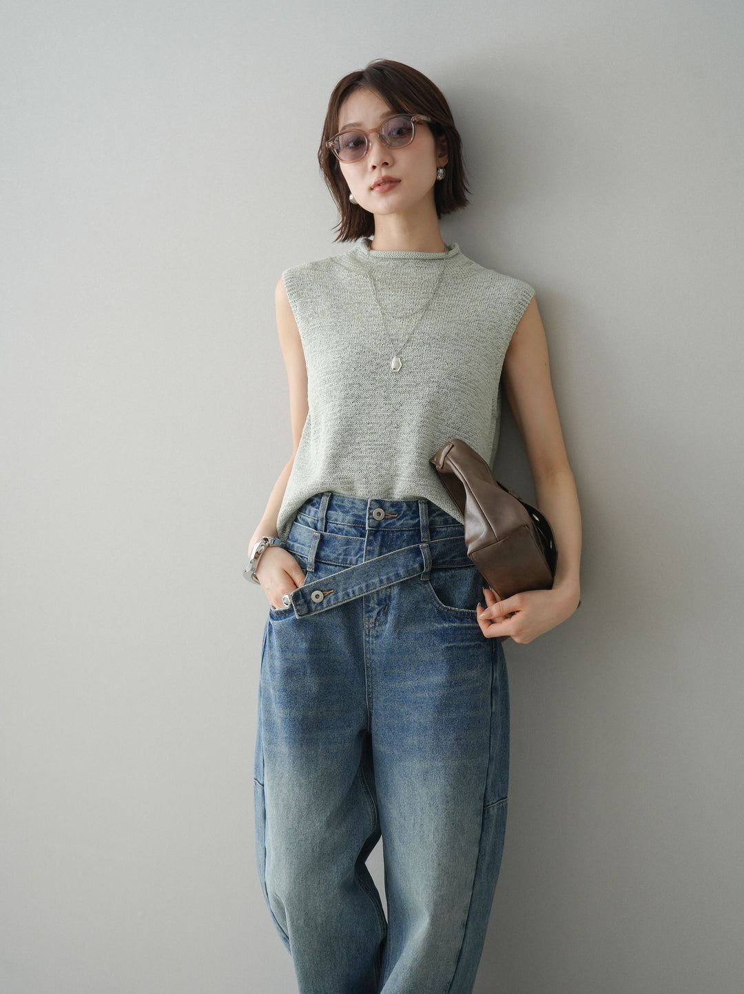 [予約]ノースリーブリネンタッチシアーニットプルオーバー/green