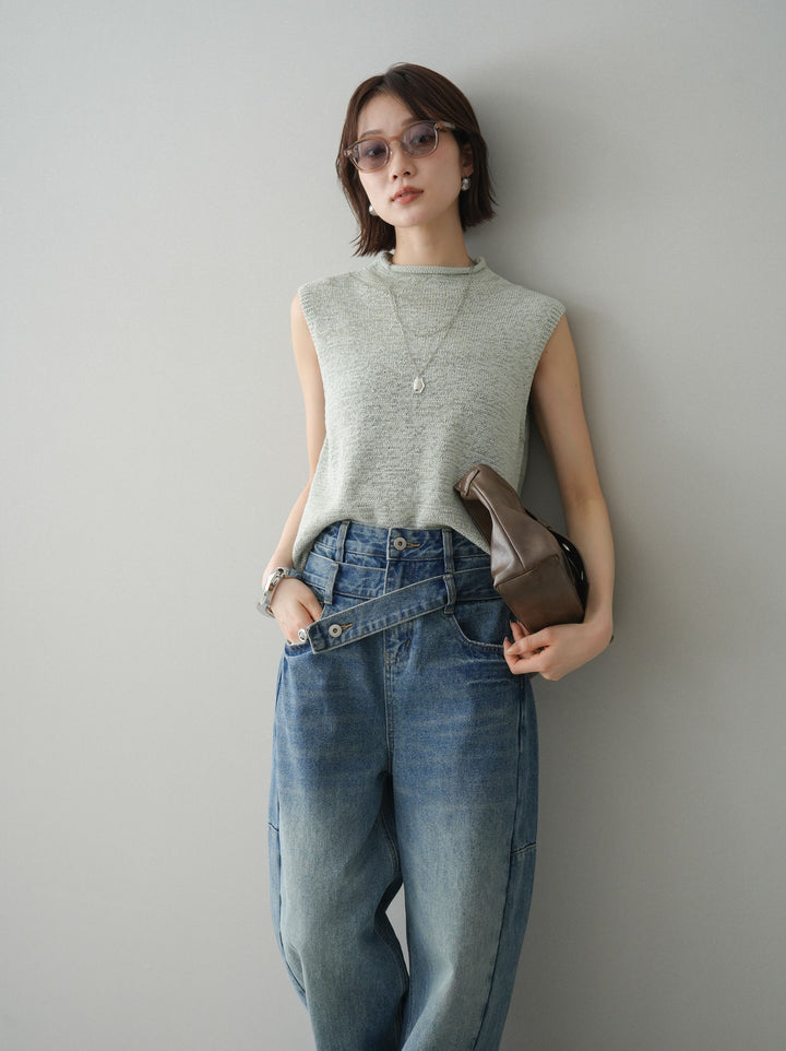 [予約]ノースリーブリネンタッチシアーニットプルオーバー/green