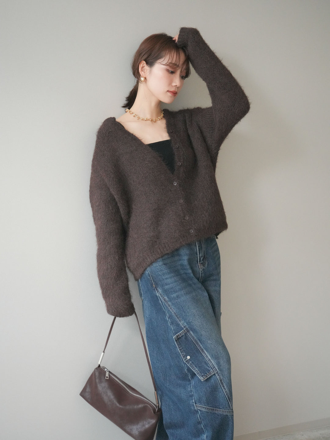 [予約]キーネックシャギーニットカーディガン/brown