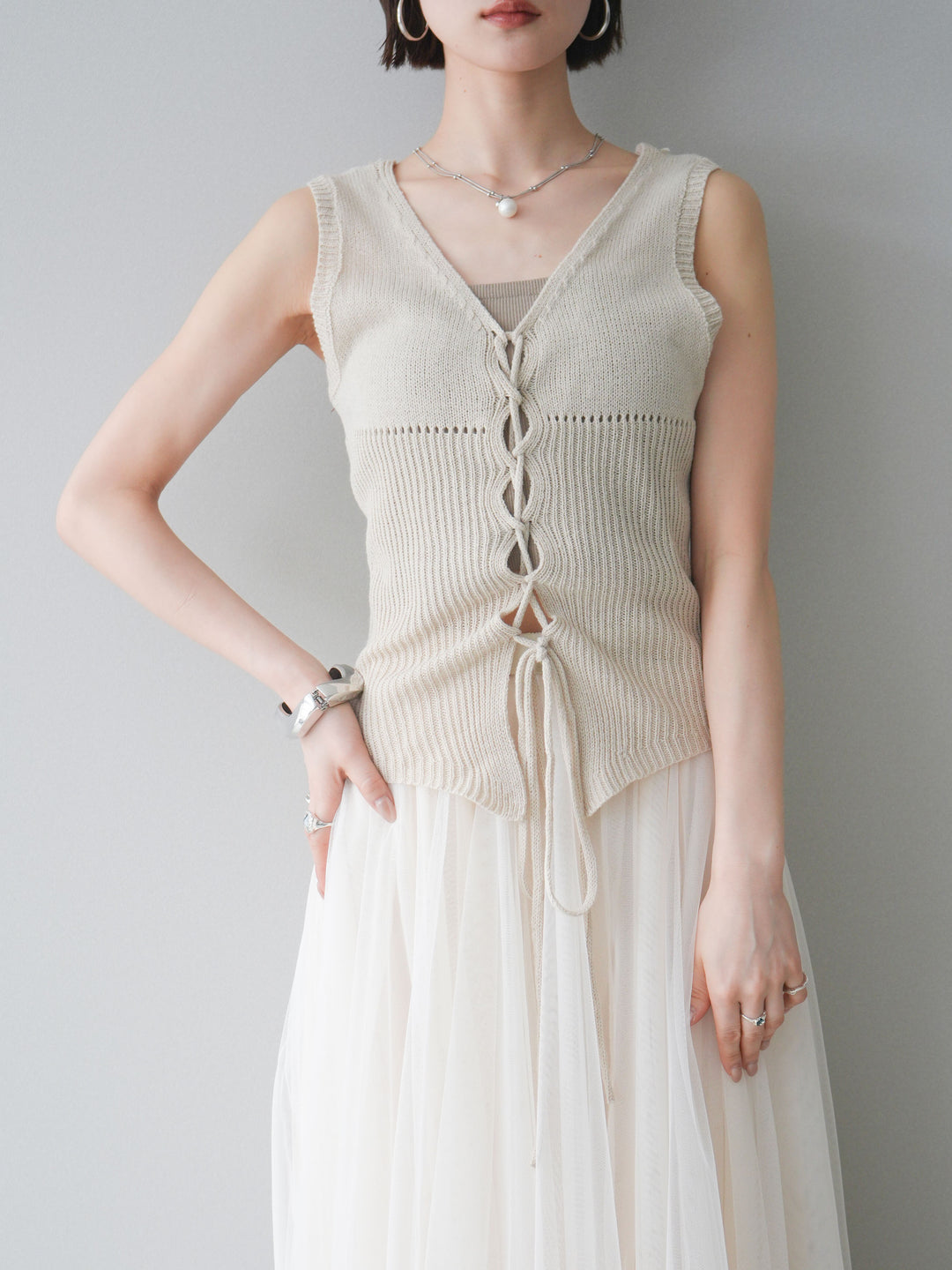 [予約]レースアップリブニットタンクトップ/beige