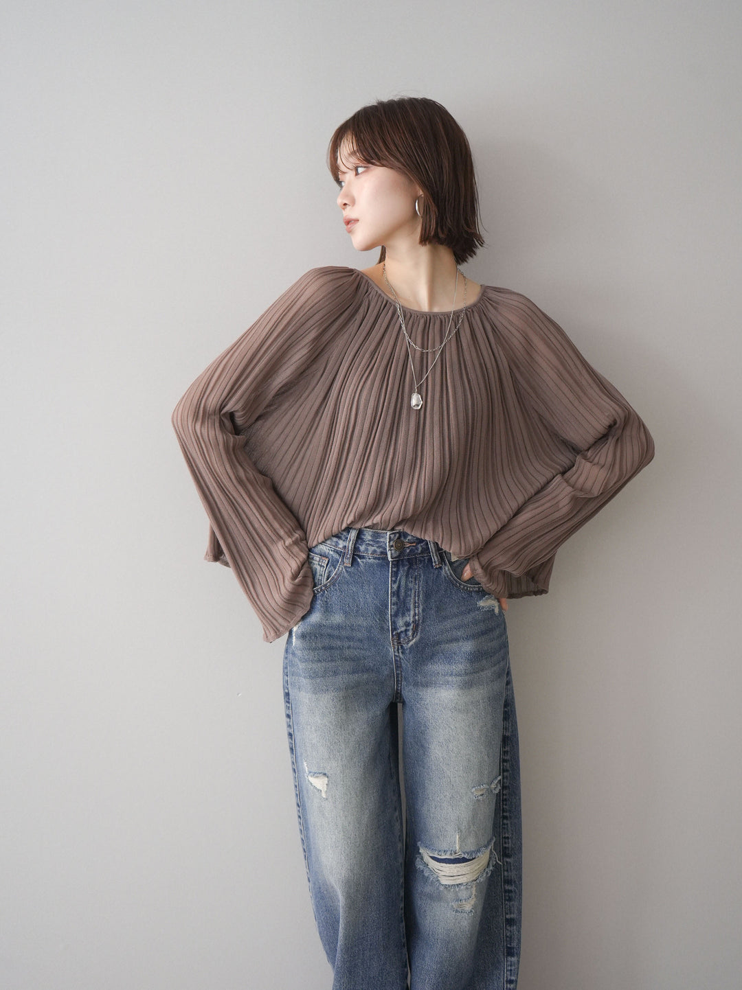 [SET]プリーツシアーフレアスリーブニットトップス+プリーツシアーフレアスリーブニットトップス(2set)