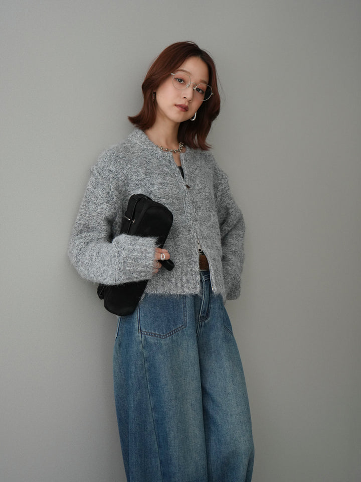 [SET]ミックスヤーンダブルZIPニットカーディガン+ベルト付裏起毛カーブデニムパンツ(2set)