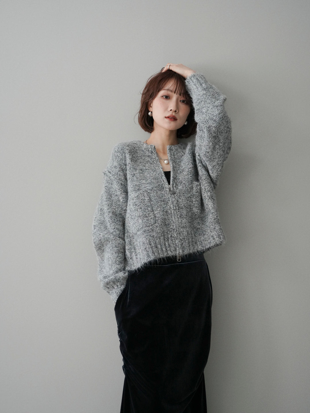 [予約]ミックスヤーンダブルZIPニットカーディガン/gray