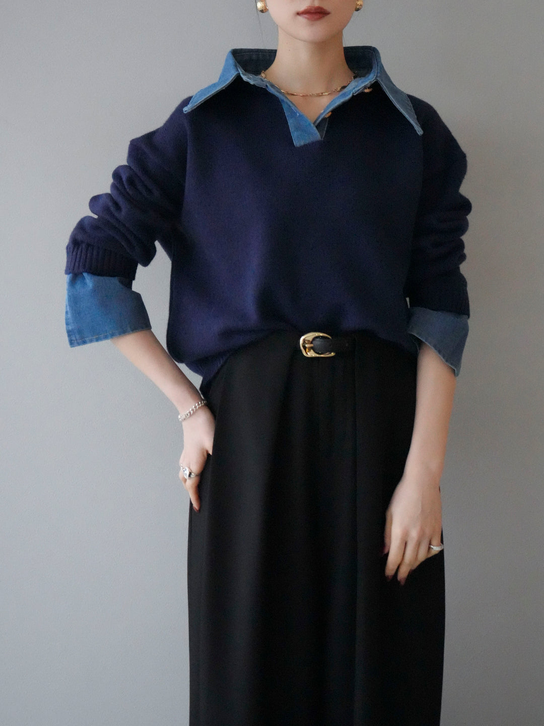 【預購】牛仔領polo針織套頭衫/藏青色