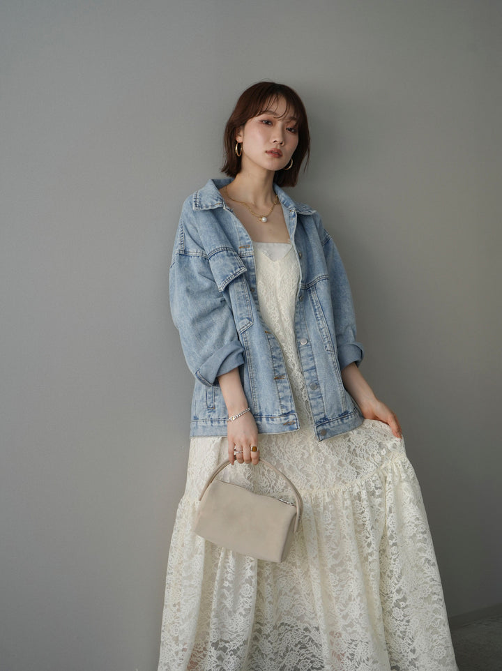 [SET]ギャザー切替レースキャミワンピース+デザインBIGポケットオーバーデニムジャケット(2set)