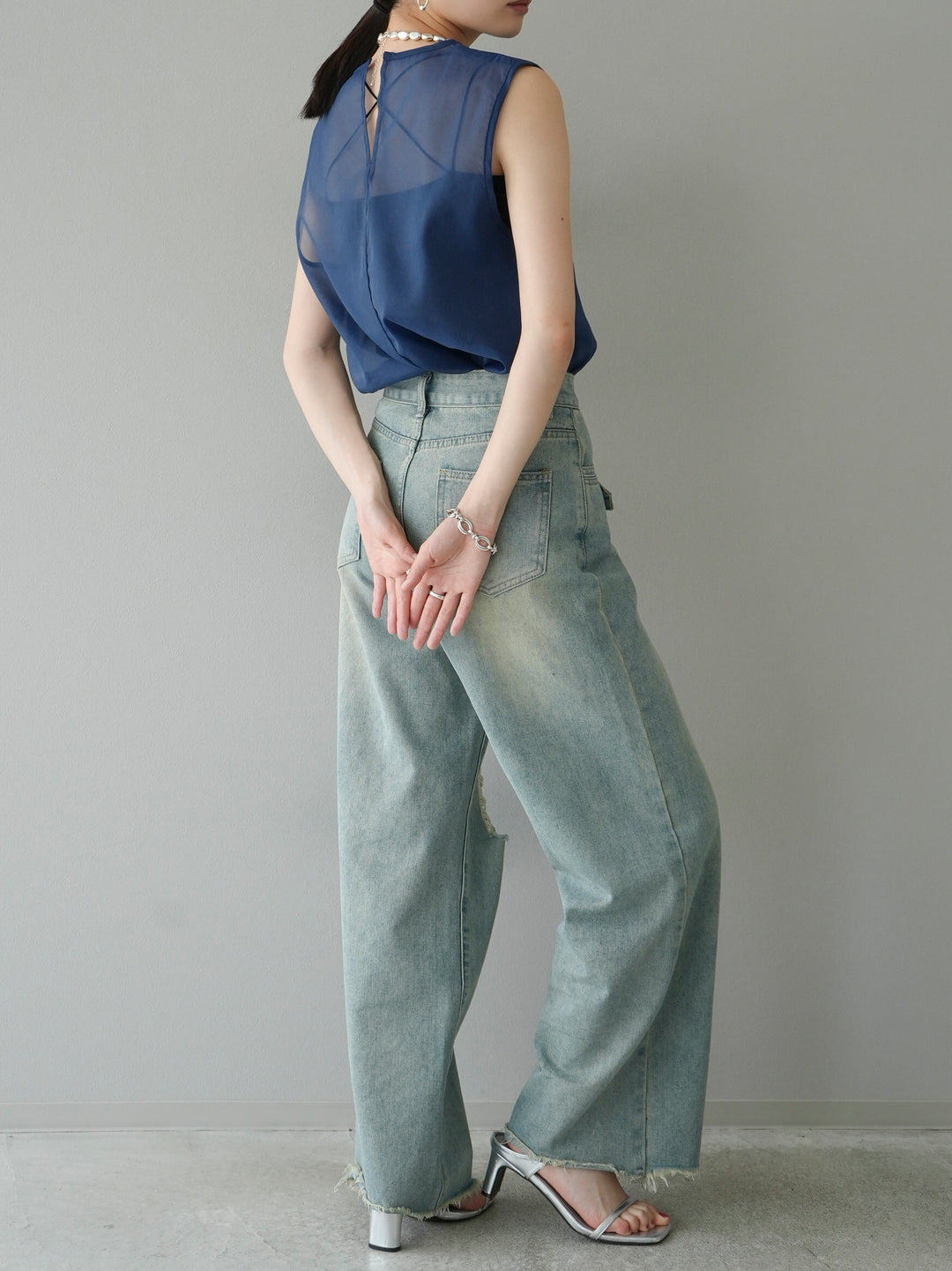 [SET] Organdy sleeveless top + belt asymmetrical damaged denim (2set)