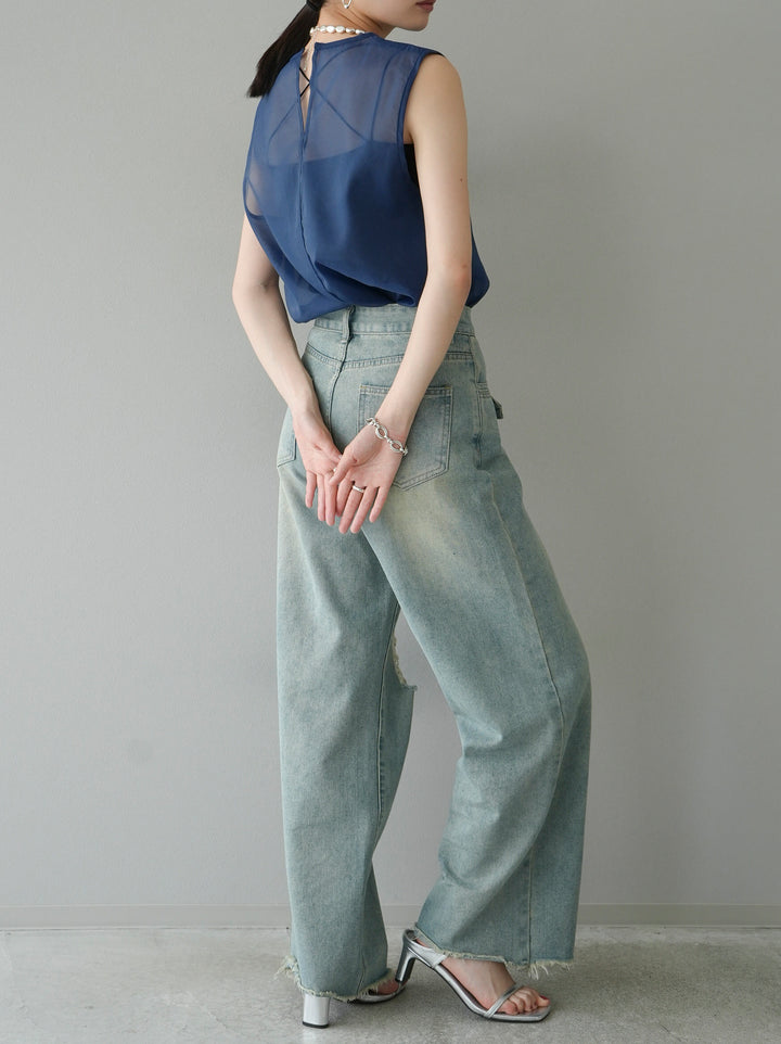 [SET] Organdy sleeveless top + belt asymmetrical damaged denim (2set)