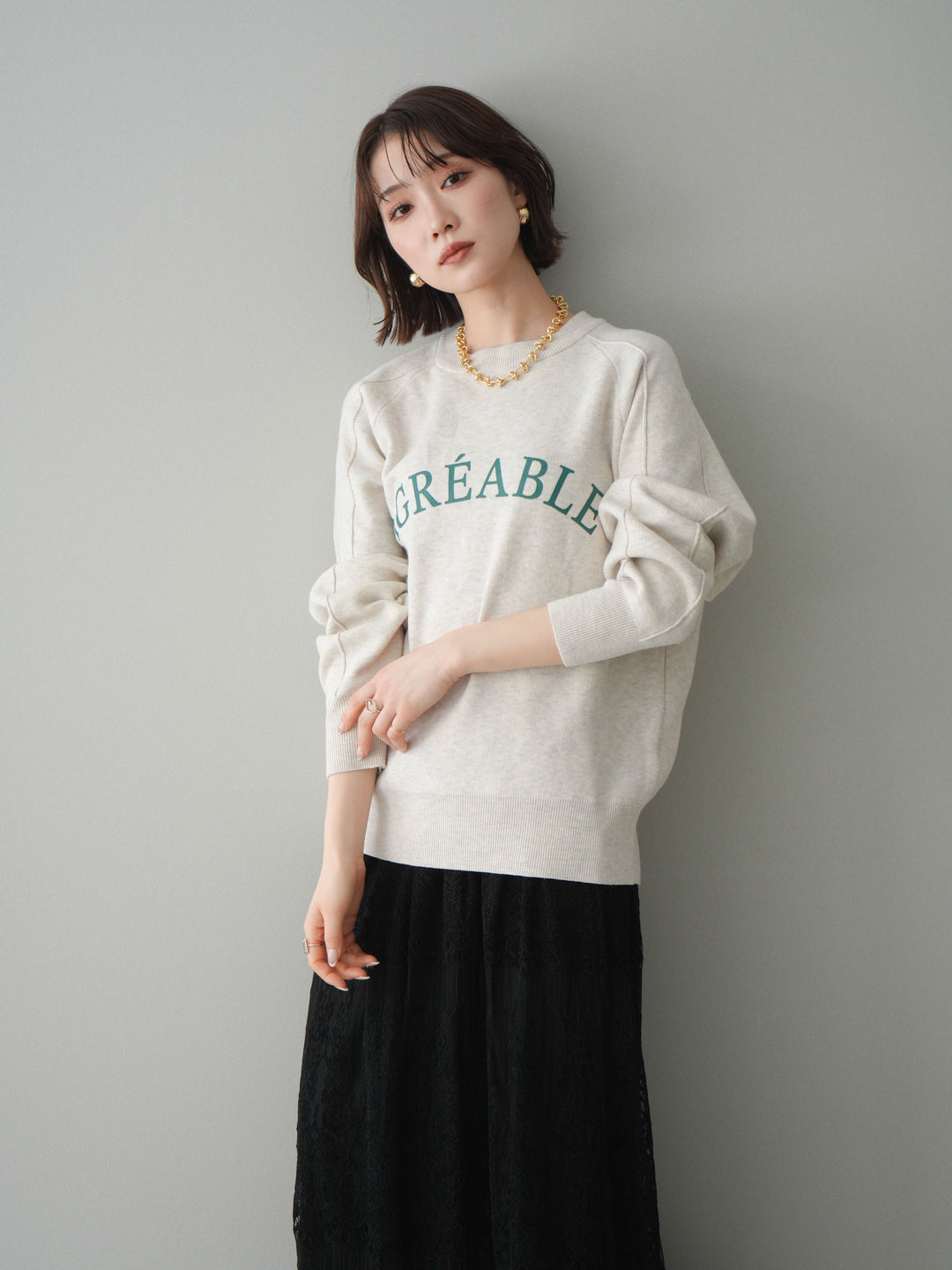 [予約]半ラバープリントロゴスウェットライクニットプルオーバー/oatmeal