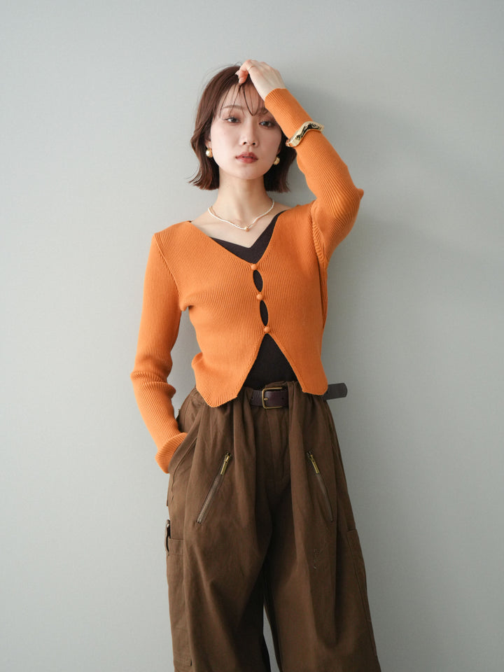 [予約]Vネック配色レイヤードスリットニットトップス/orange