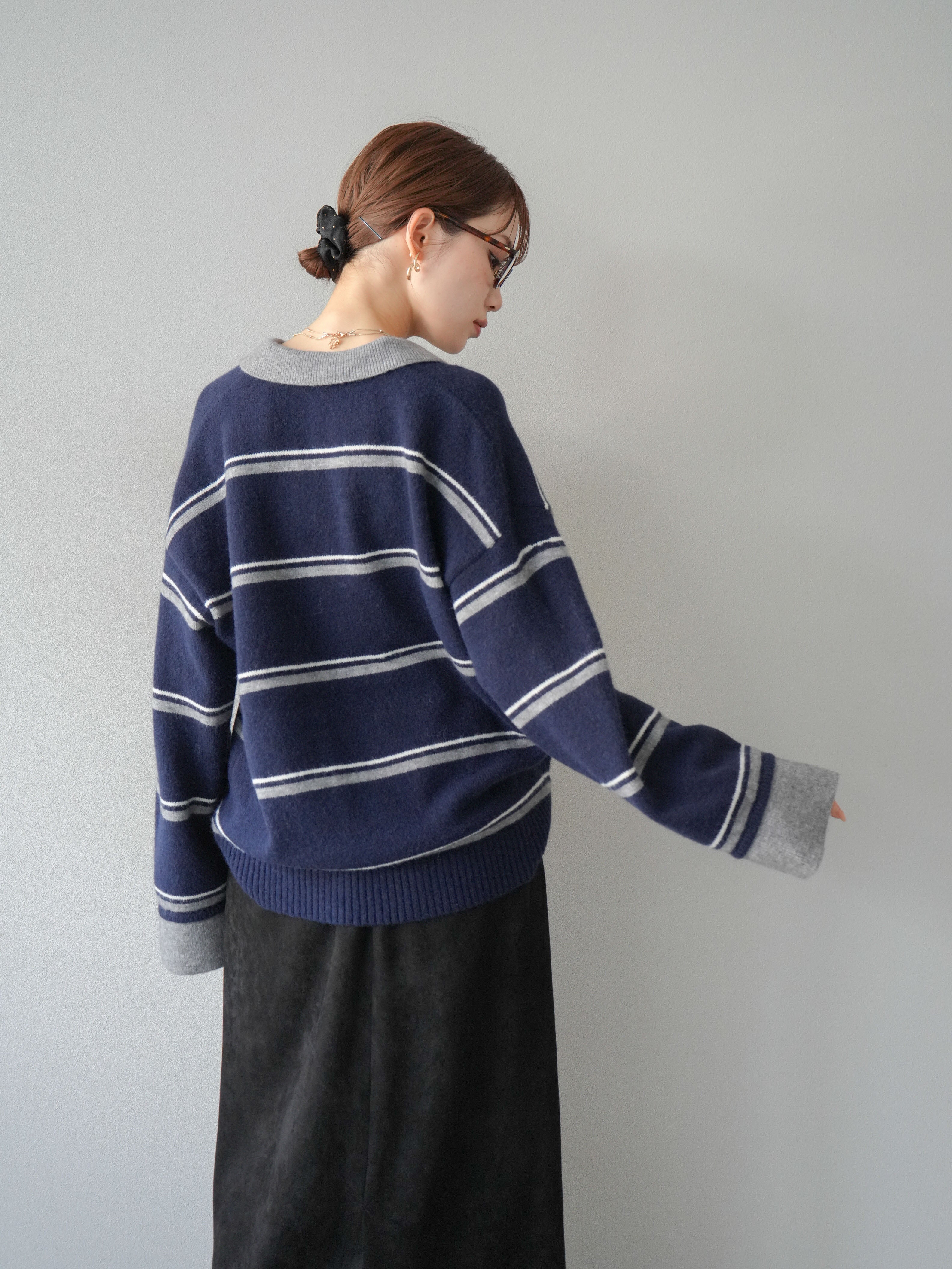 SET]ポロ襟スキッパーボーダーニットプルオーバー+スウェードIライン