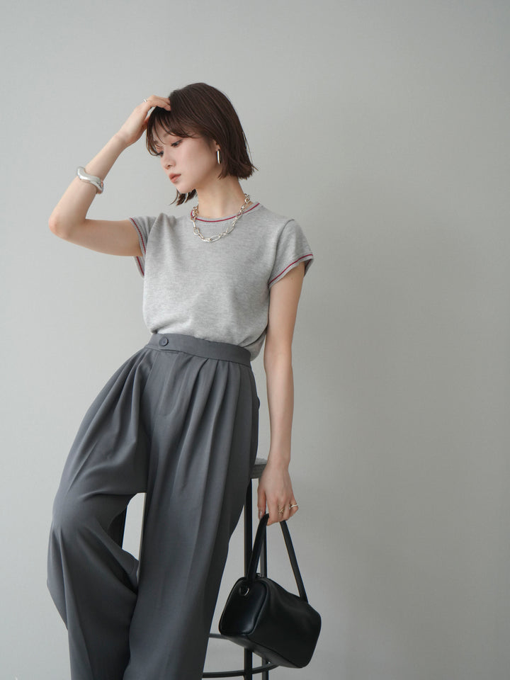 [SET]配色ハーフスリーブニットトップス+メニータックワイドパンツ(2set)