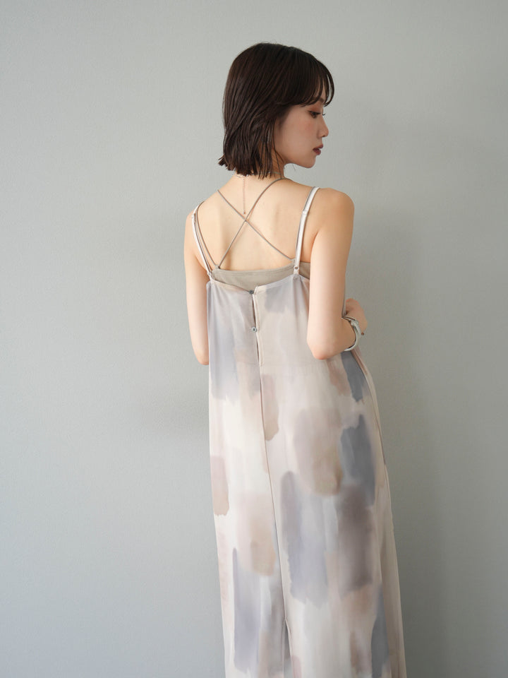 [SET]水彩アートシアーキャミワンピース+カップ付きバッククロスキャミソール(2set)