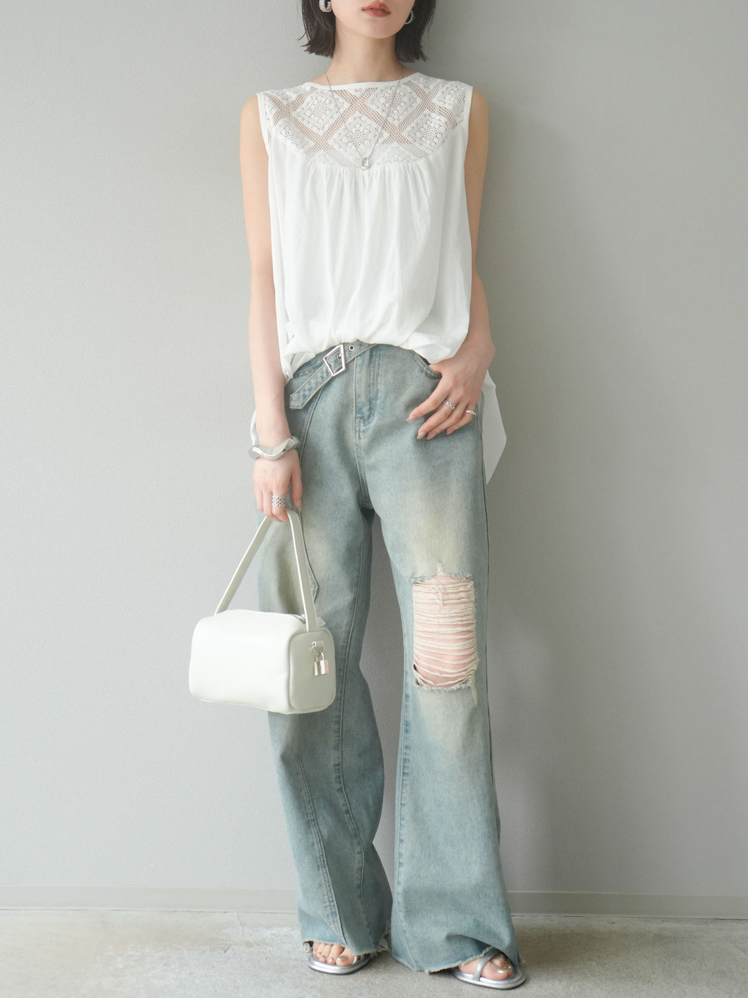 [予約]インド製コットンレース切替ノースリブラウス/オフ