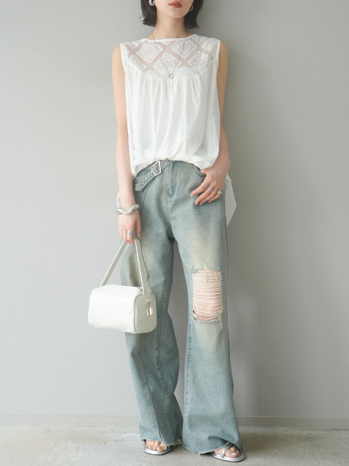 [予約]インド製コットンレース切替ノースリブラウス/オフ