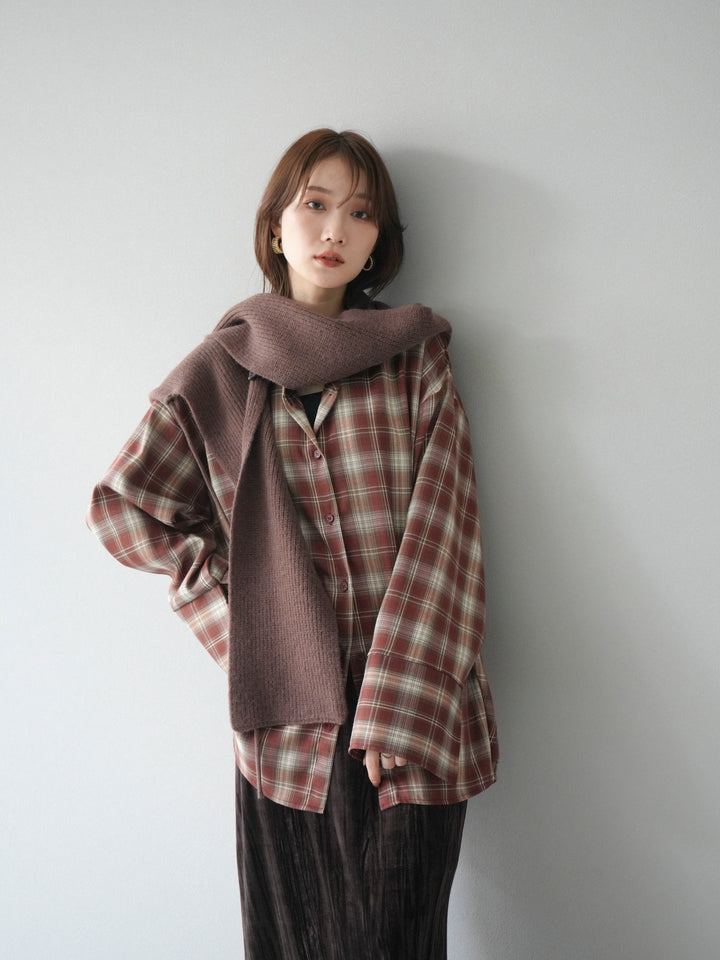 [SET]レザー襟オンブレチェックオーバーシャツ +クラッシュベロアナロースカート(2set)