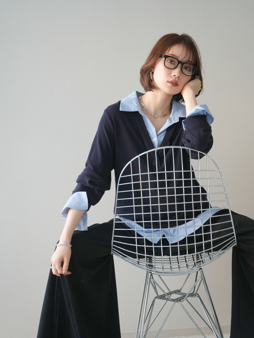 [予約]シャツレイヤードデザインカットプルオーバー/navy