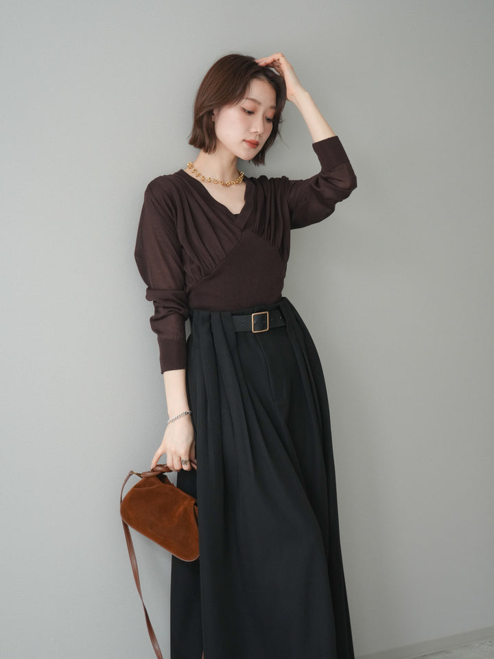 [予約]サイドギャザーVネックニットプルオーバー/brown