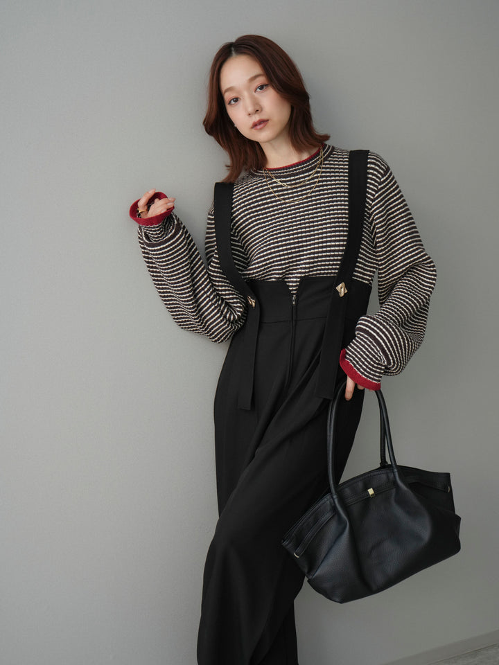 [SET]ラメ異素材ボーダーリブニットプルオーバー+ゴールドボタンサスペンダーワイドパンツ(2set)