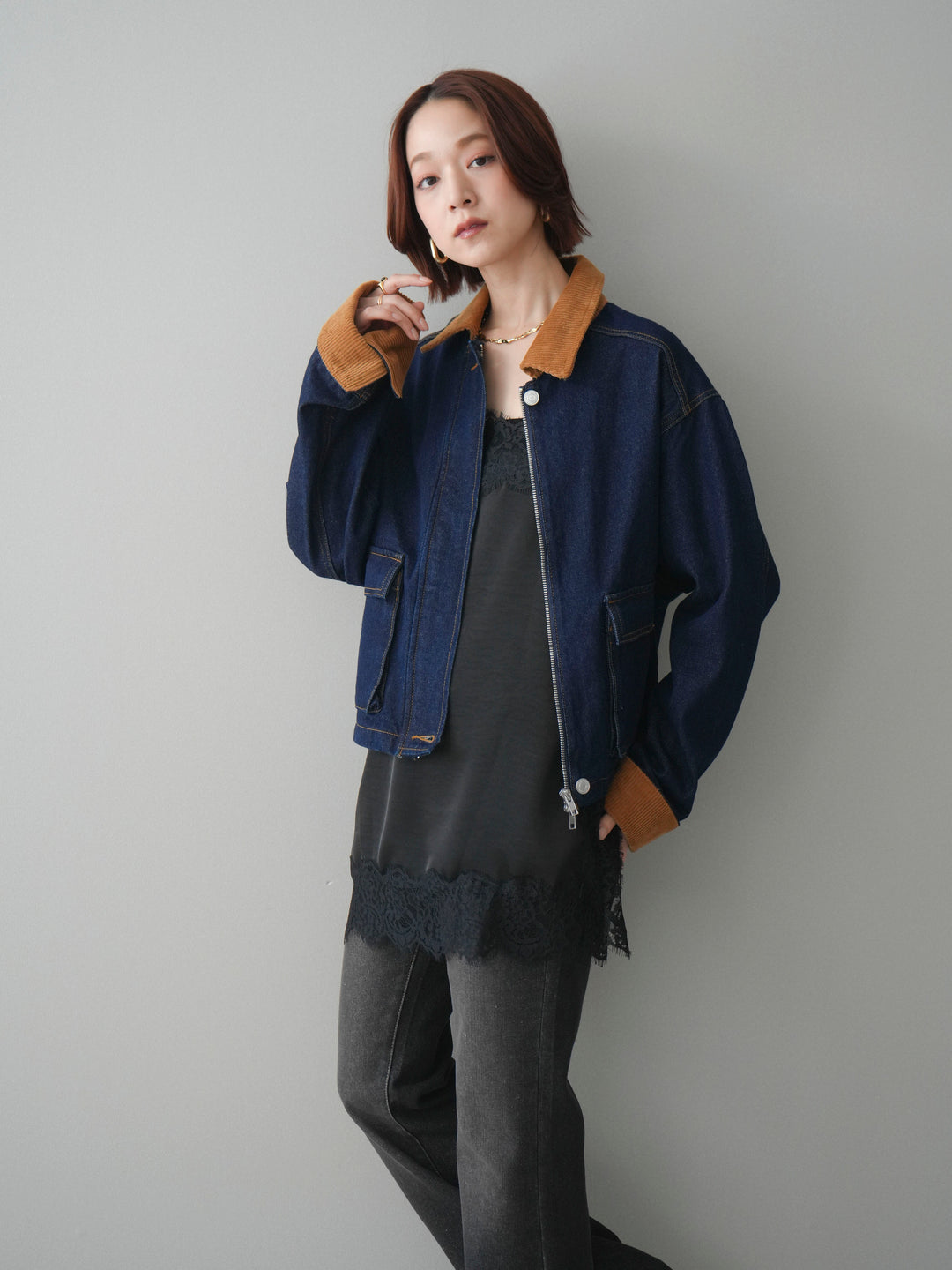 [予約]コーデュロイ×デニムショートカバーオール/indigo