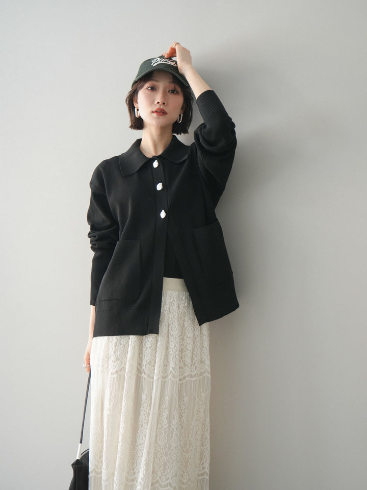 [予約]メタルボタン襟付きポリエステルニットカーディガン/black