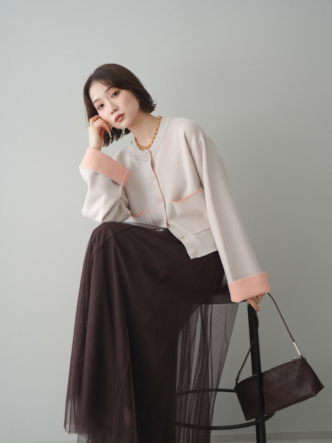 [SET]レーヨンポリダブルフェイスニットカーディガン+チュールボリュームスカート(2set)