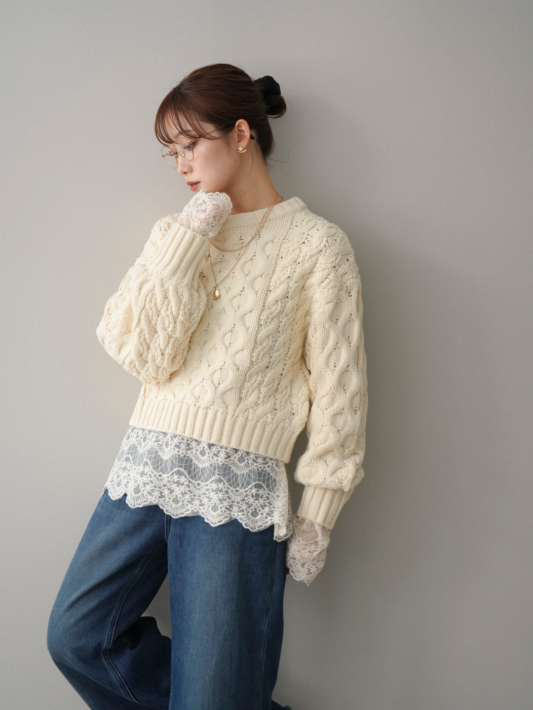 [予約]バルキーケーブルクロップドニットプルオーバー/ivory